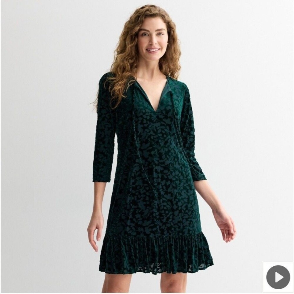 HARPER ROSE Velvet Burnout Straight Dress With Ruffle Hem Green Dress Size 10 - Picture 8 of 11